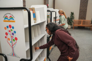 Individual looking at books on a shelf